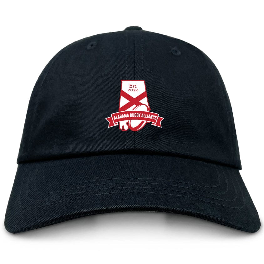 The EMB S&S Activewear Alabama Rugby Alliance Adult Low-Profile Cotton Twill Dad Cap is black with a red and white embroidered logo and "Est. 2024" text on the front.