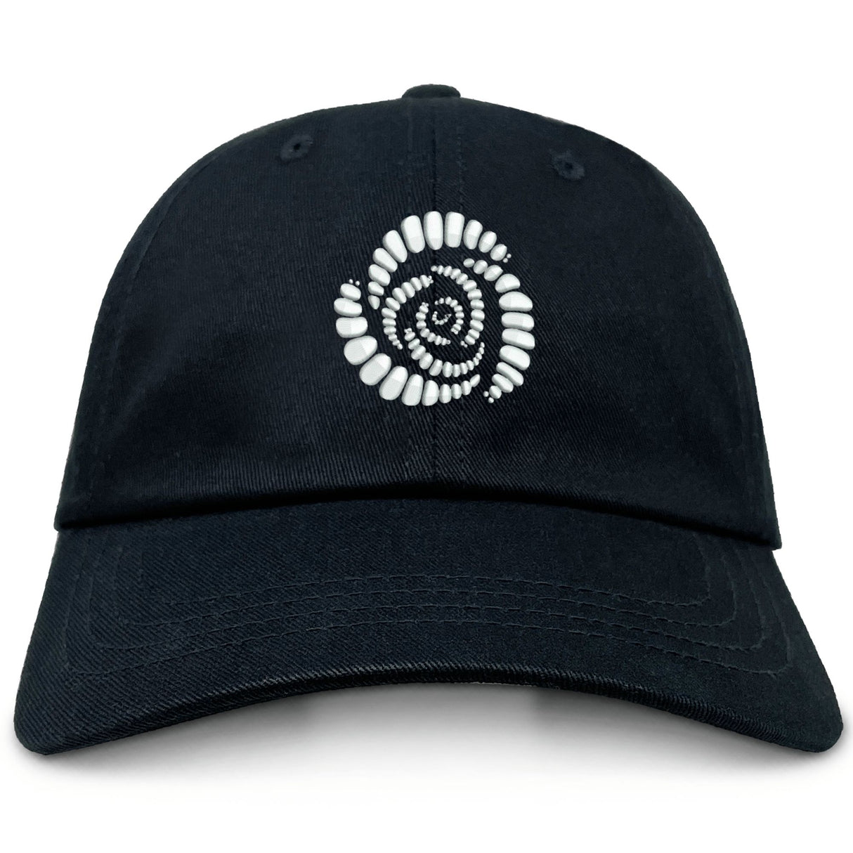 The Missoula All-Maggots Adult Low-Profile Cotton Twill Dad Cap by EMB S&S Activewear comes in black and showcases a white, oval-shaped spiral embroidery on the front, evoking classic rugby team aesthetics.