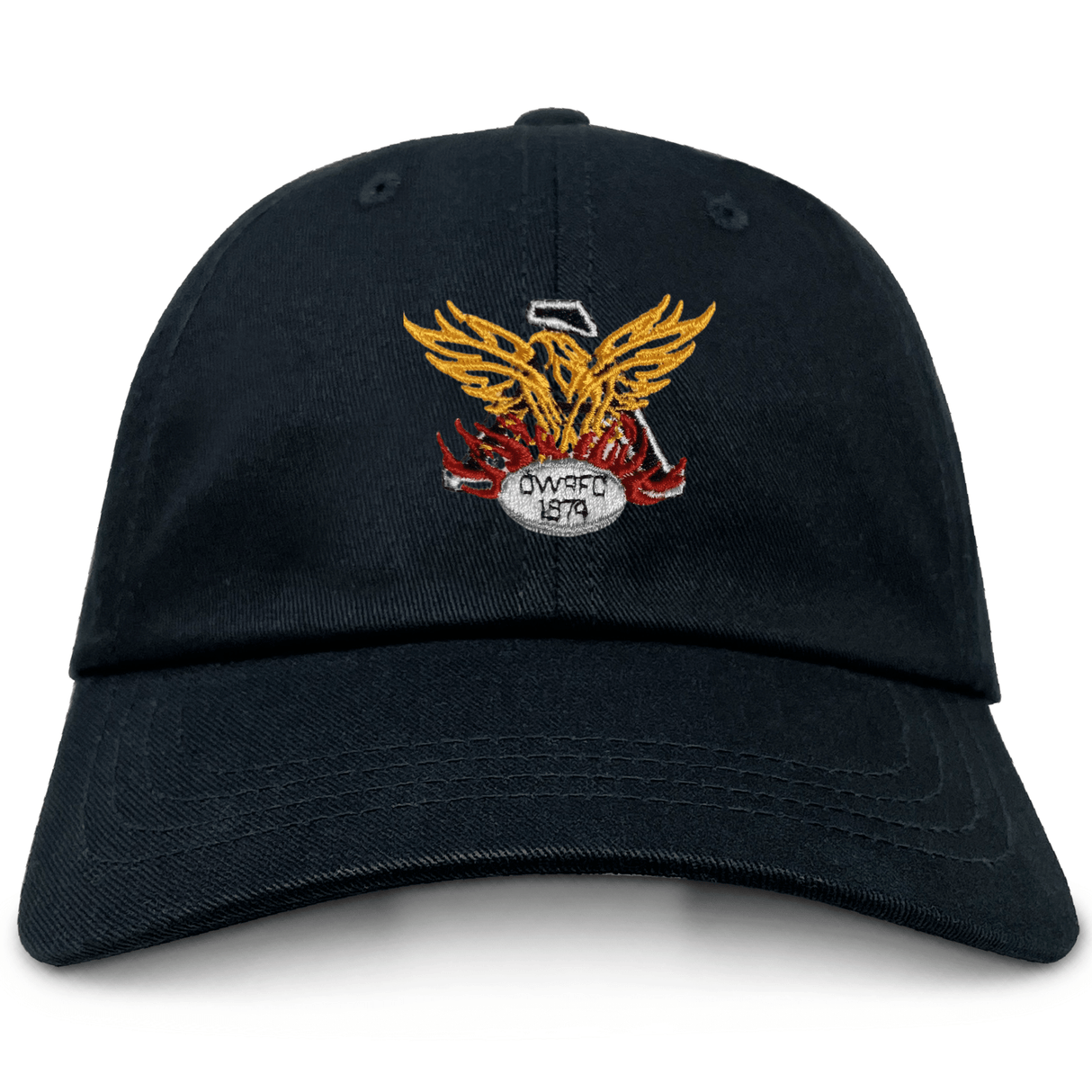 The Atlanta Old White Rugby Adult Low-Profile Cotton Twill Dad Cap by EMB S&S Activewear features a black cotton twill design with an embroidered yellow and red winged emblem, halo, and "Owned 1979" on the front.
