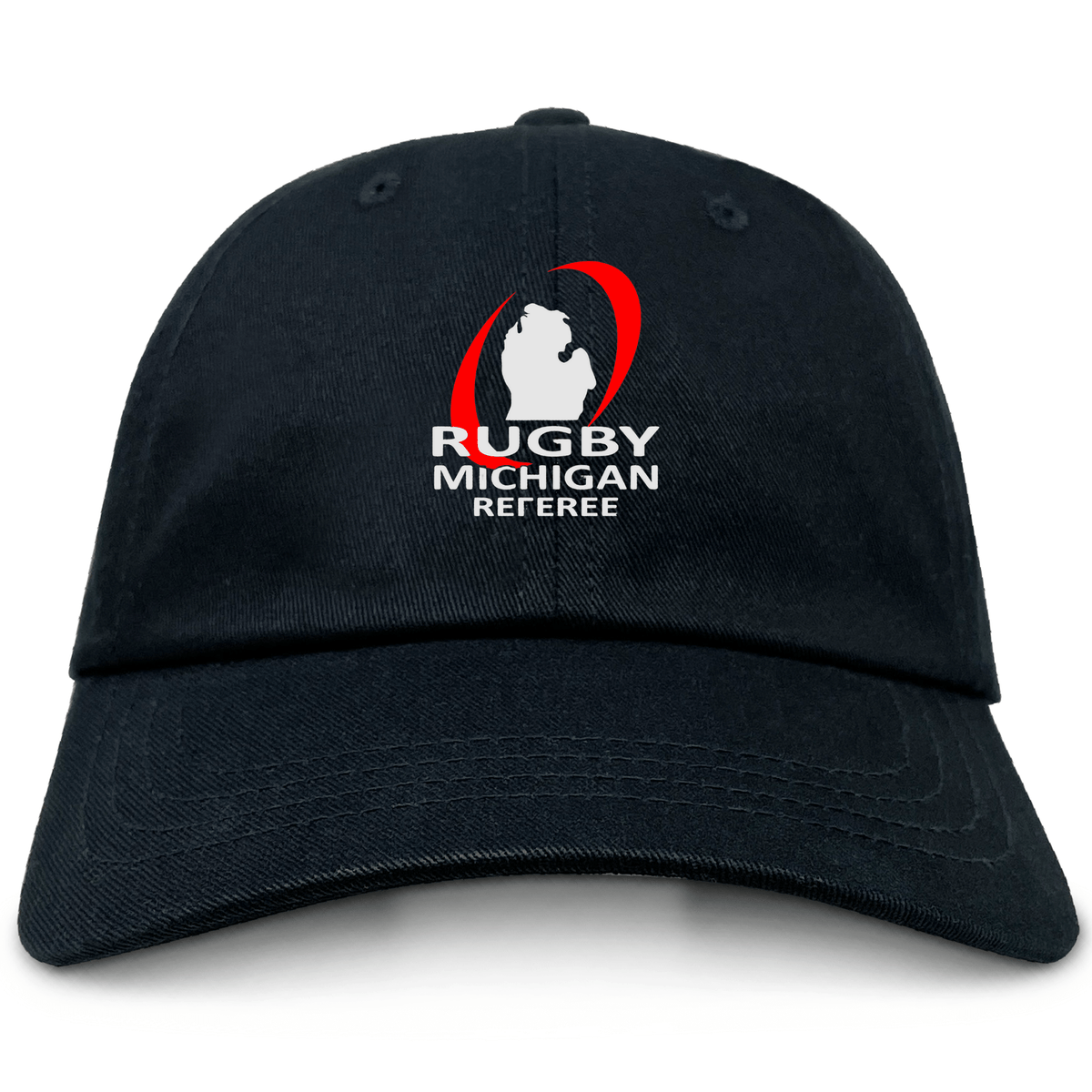 The EMB S&S Activewear Rugby Michigan Referee Society Adult Low-Profile Cotton Twill Dad Cap features a black design with embroidered white Michigan silhouette, red oval, and "Rugby Michigan Referee" text on the front.