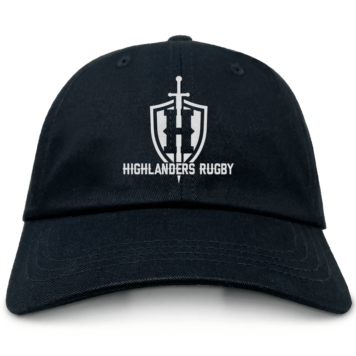 The Highlanders Rugby NC Retro Trucker Cap by EMB S&S Activewear features a black design with an embroidered shield and sword logo above "HIGHLANDERS RUGBY" in white on the front, plus a snapback closure for adjustable fit.