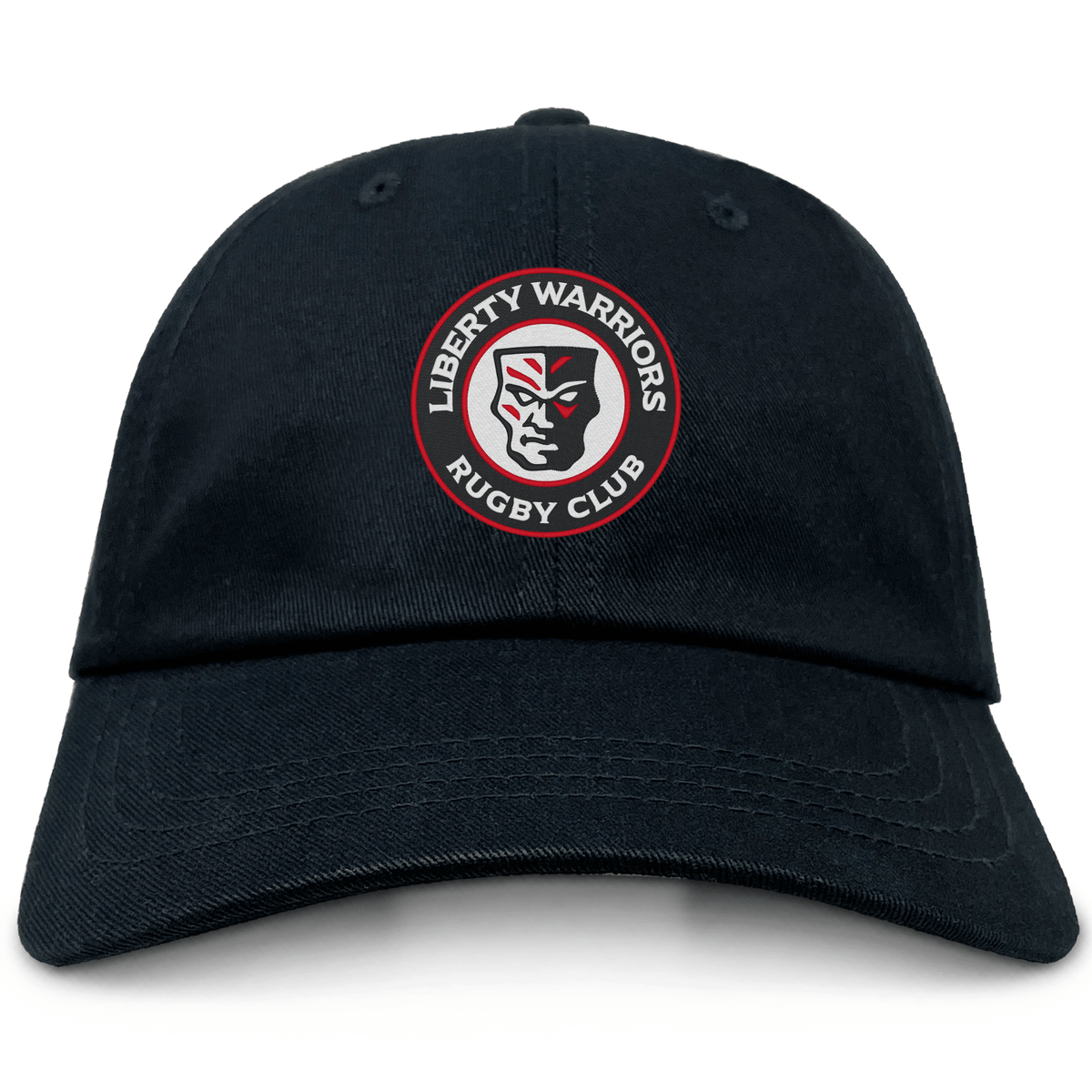 The EMB S&S Activewear Liberty Lake Warriors Adult Low-Profile Cotton Twill Dad Cap is black with a circular embroidered "Liberty Warriors Rugby Club" logo featuring a stylized face on the front.