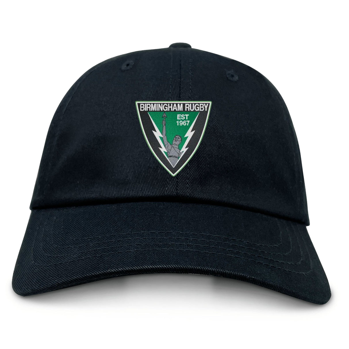 The Birmingham Rugby Adult Low-Profile Cotton Twill Dad Cap by EMB S&S Activewear features embroidered team branding, a "Birmingham Rugby" patch, green accents, lightning bolts, and "EST 1967" text on the front.