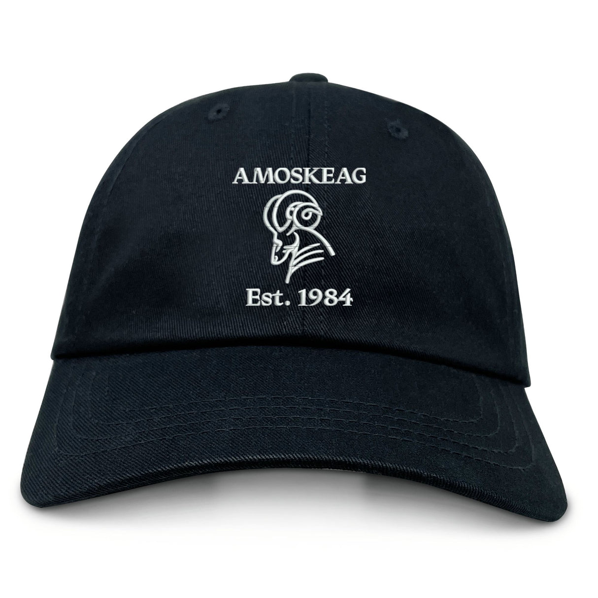 The Amoskeag Rugby Club Adult Low-Profile Cotton Twill Dad Cap by EMB S&S Activewear features “AMOSKEAG” and “Est. 1984” embroidered in white above a ram’s head logo on black cotton twill.