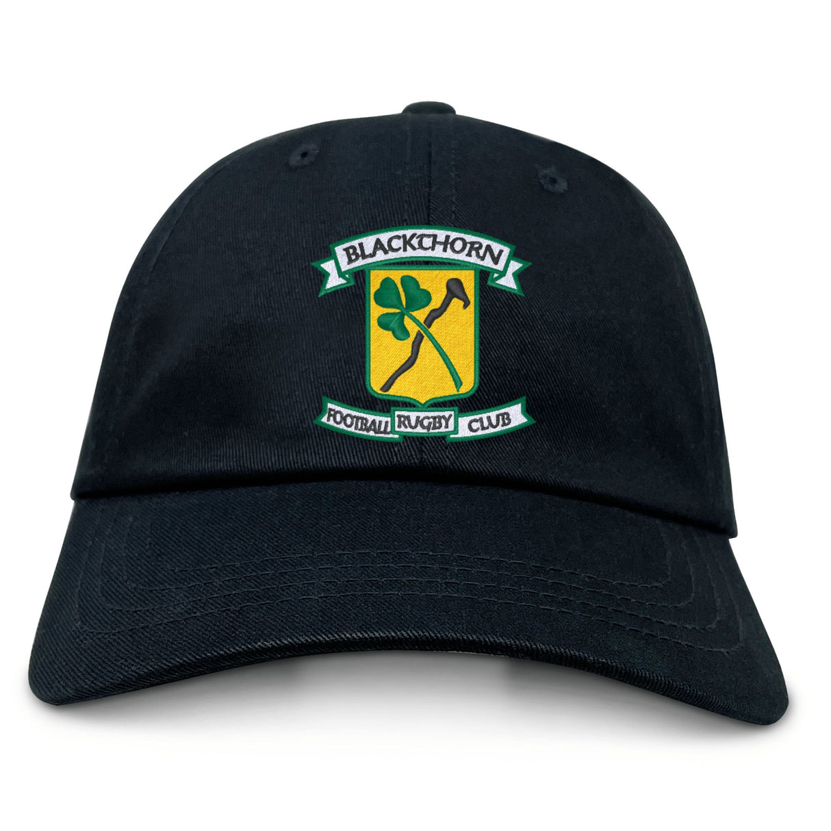 The EMB S&S Activewear Blackthorn RFC Adult Low-Profile Cotton Twill Dad Cap features embroidered team branding with a shamrock and hurling stick emblem on the front.