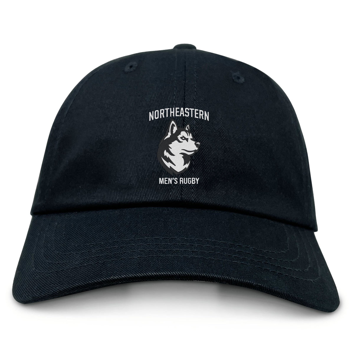 The EMB S&S Activewear Northeastern University Men's Rugby Adult Low-Profile Cotton Twill Dad Cap features a black design with an embroidered husky graphic and the team logo on the front.