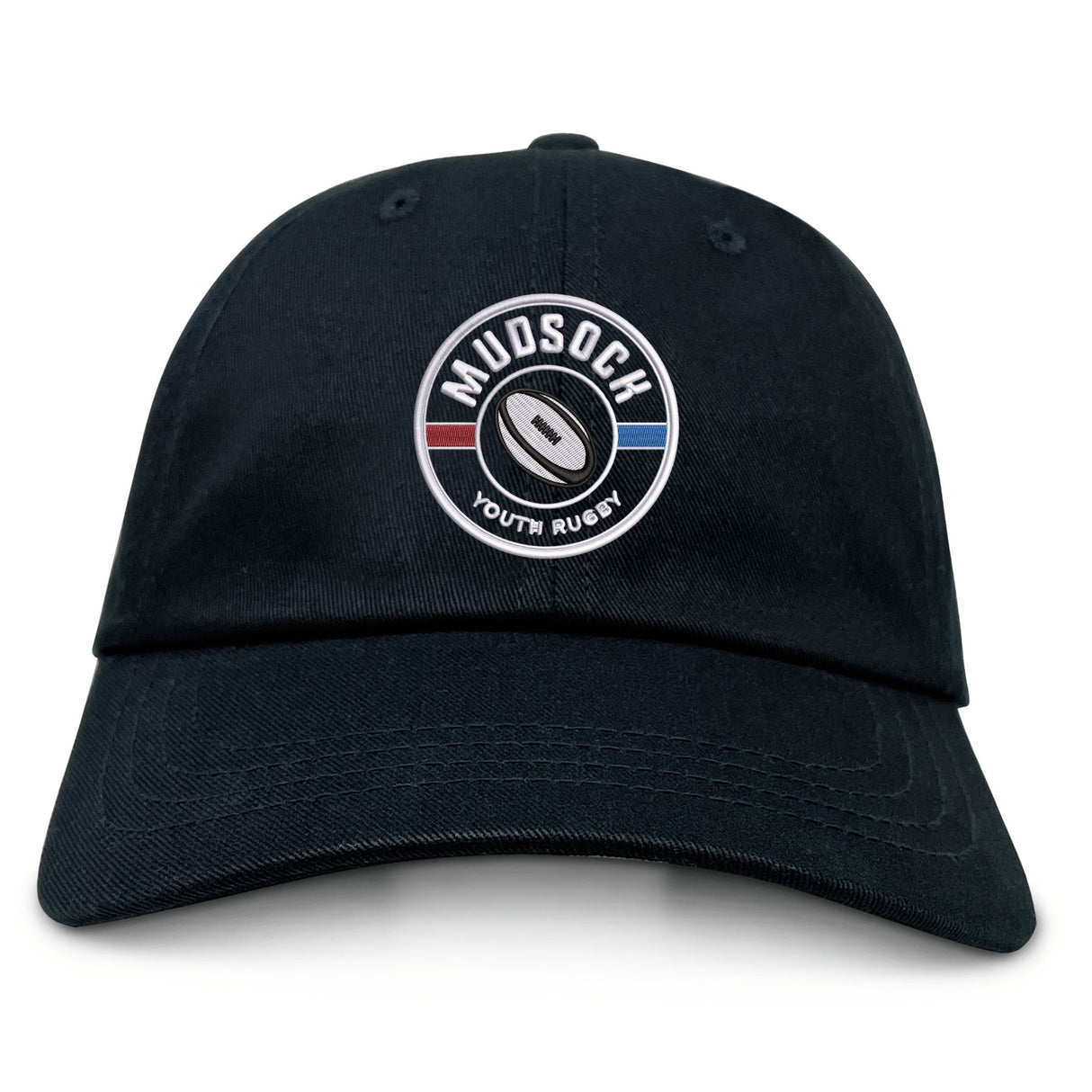 The EMB S&S Activewear Mudsock Rugby Adult Low-Profile Cotton Twill Dad Cap is black with a circular "Mudsoch Youth Rugby" patch featuring a rugby ball and red, white, and blue accents.