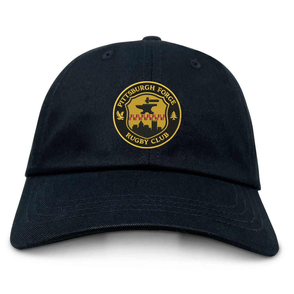 The Pittsburgh Forge Adult Low-Profile Cotton Twill Dad Cap by EMB S&S Activewear is a black dad cap with the Pittsburgh Forge Rugby Club logo embroidered in yellow, red, and black on the front.
