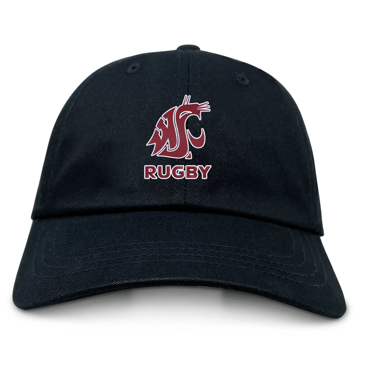 The EMB S&S Activewear Washington State University Adult Low-Profile Cotton Twill Dad Cap is black with an embroidered maroon and white cougar head logo and "RUGBY" below.