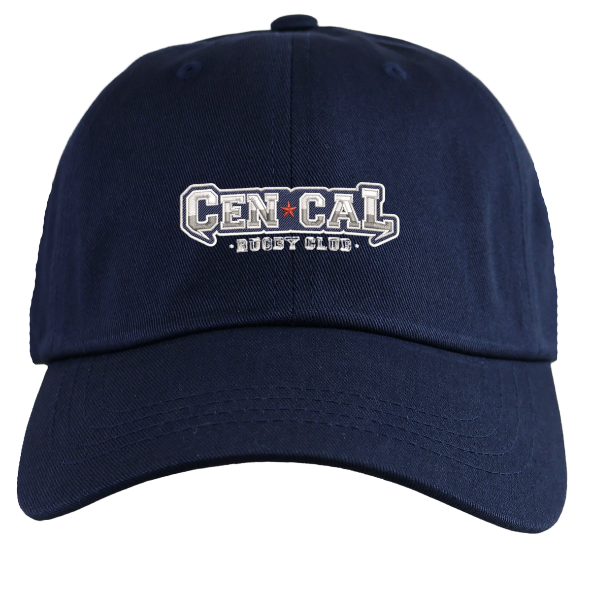 The CenCal Rugby Adult Low-Profile Cotton Twill Dad Cap by EMB S&S Activewear is a navy blue hat with "CEN CAL RUGBY CLUB" embroidered in white and gray on the front.