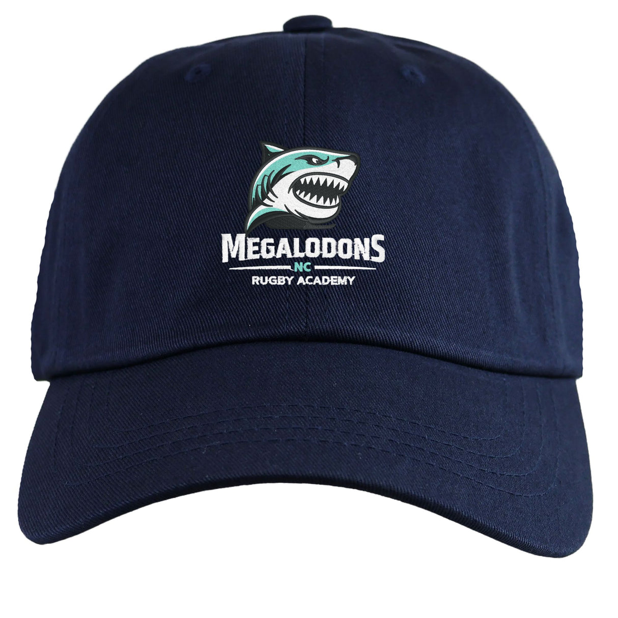 The EMB S&S Activewear NC Rugby Academy - Megalodons Adult Low-Profile Cotton Twill Dad Cap features navy blue twill fabric with embroidered shark logo and "Megalodons NC Rugby Academy" on the front.
