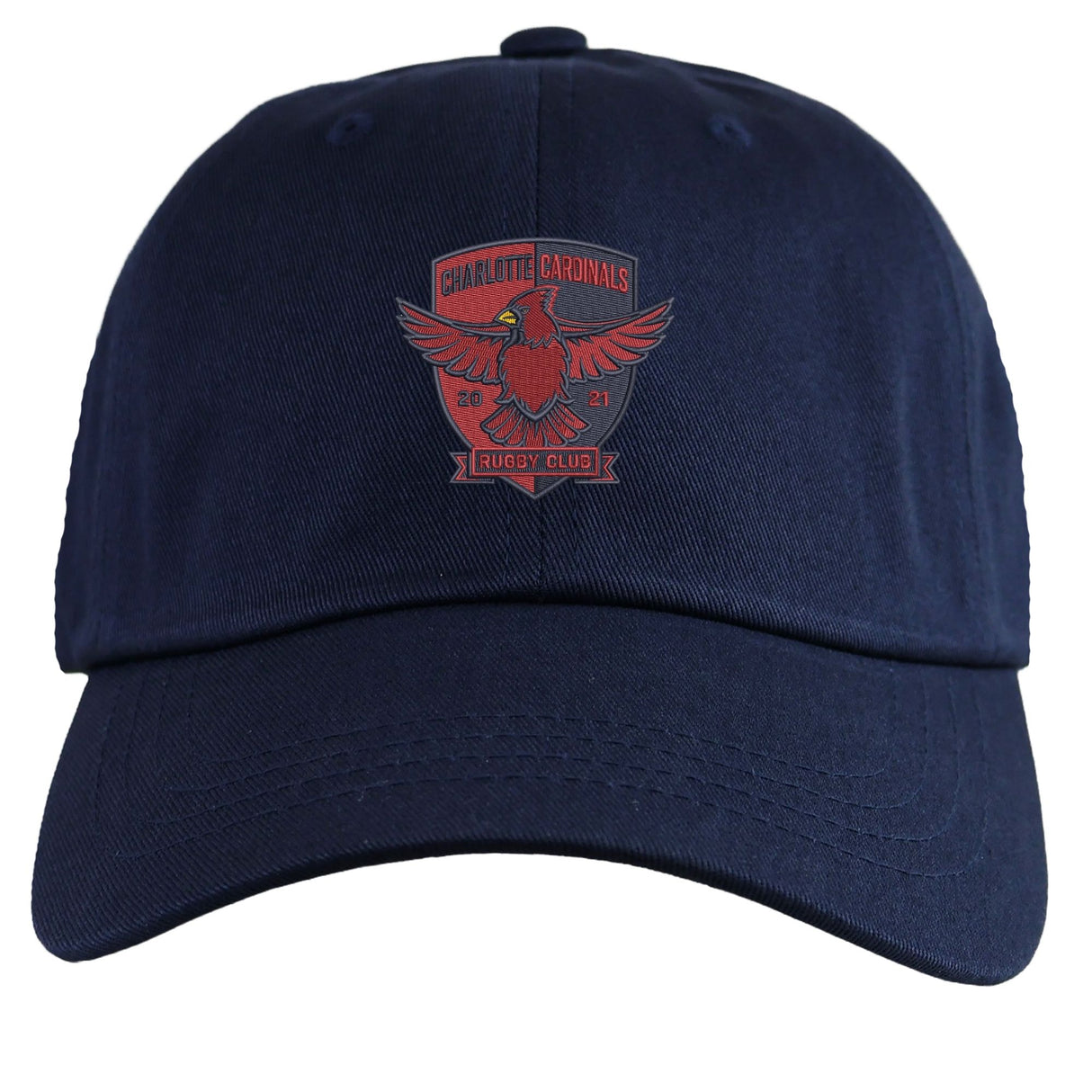 The EMB S&S Activewear Charlotte Cardinals Dad Cap in navy blue features a red and gold embroidered team logo on the front—ideal for rugby fans.
