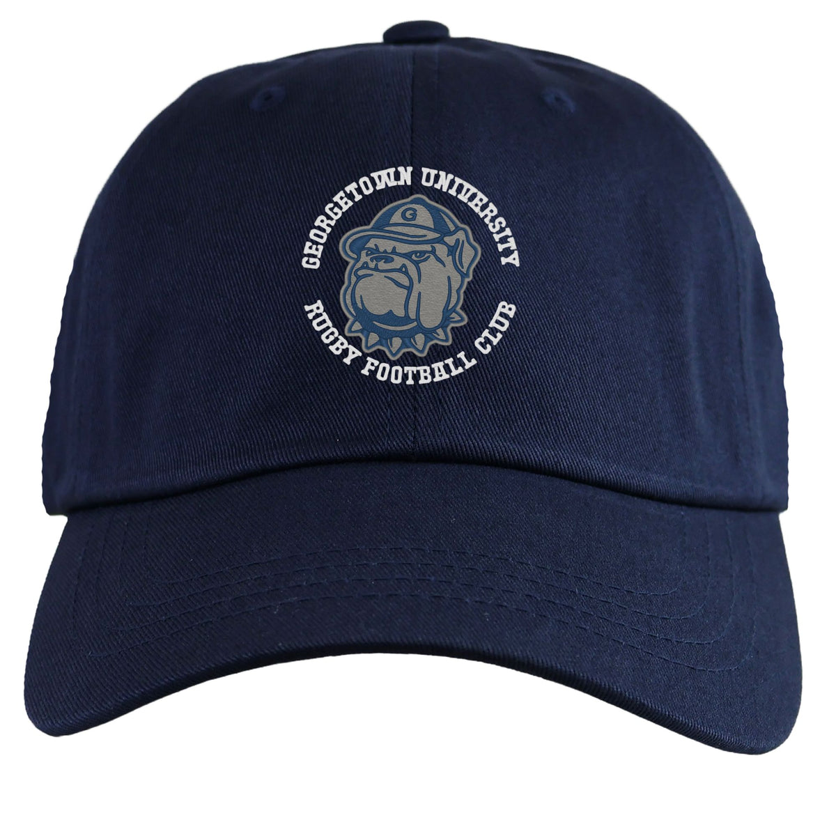 The EMB S&S Activewear Georgetown University RFC Adult Low-Profile Cotton Twill Dad Cap is a navy blue cap with the Rugby Football Club logo and an embroidered bulldog graphic on the front.