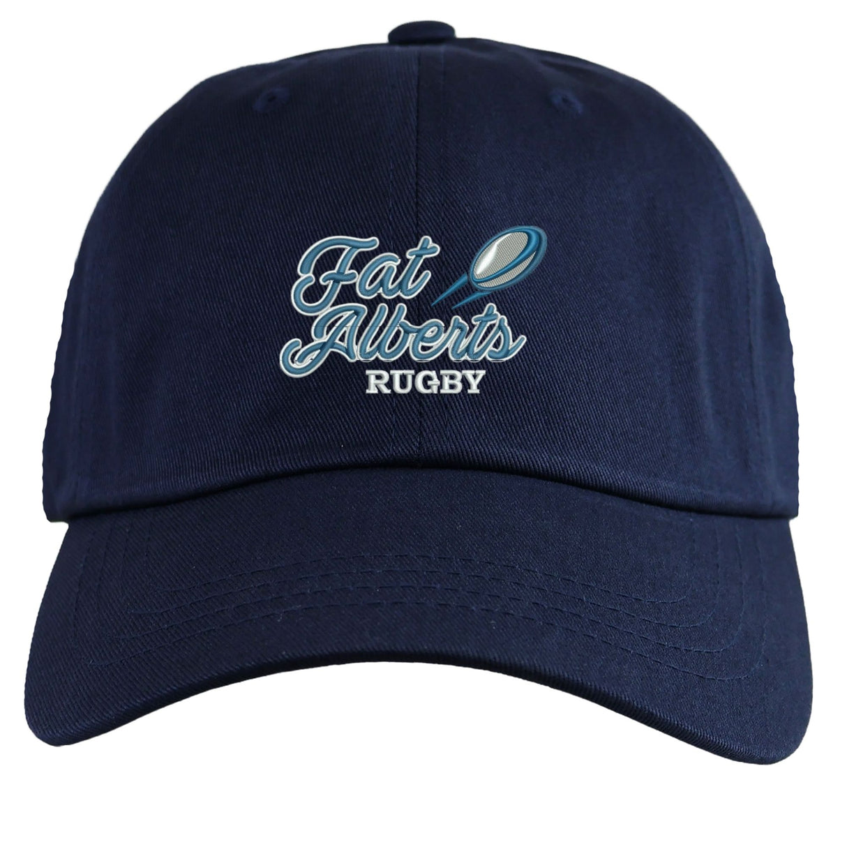 The Gulf Coast Fat Alberts Adult Low-Profile Cotton Twill Dad Cap by EMB S&S Activewear features "Fat Alberts Rugby" and a rugby ball graphic embroidered on the front in navy blue cotton twill.