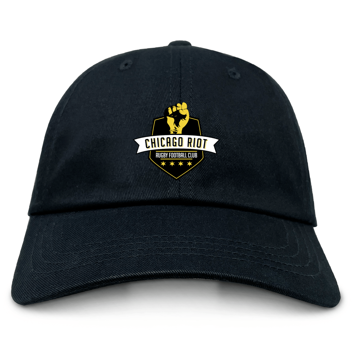 The EMB S&S Activewear Chicago Riot Adult Low-Profile Cotton Twill Dad Cap features yellow and white embroidered "Chicago Riot Rugby Football Club" branding on the front.