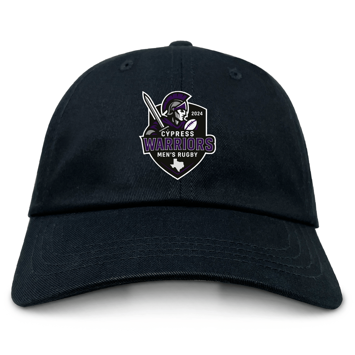 The EMB S&S Activewear Cypress Warriors Men's Rugby Adult Low-Profile Cotton Twill Dad Cap features team embroidery with a stylized warrior, sword, and text in purple, white, and black.