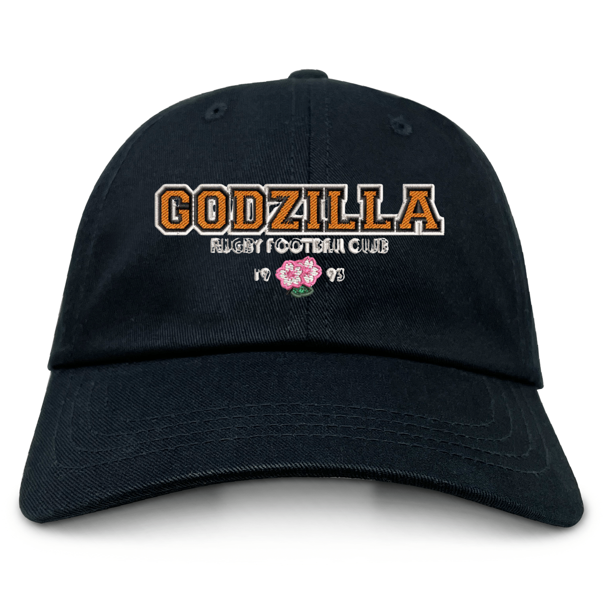 Introducing the Godzilla Rugby Football Club Adult Low-Profile Cotton Twill Dad Cap by EMB S&S Activewear—a black cotton twill hat featuring bold gold and white “GODZILLA RUGBY FOOTBALL CLUB” embroidery, a pink flower, and “19 93” displayed on the front for standout team branding.