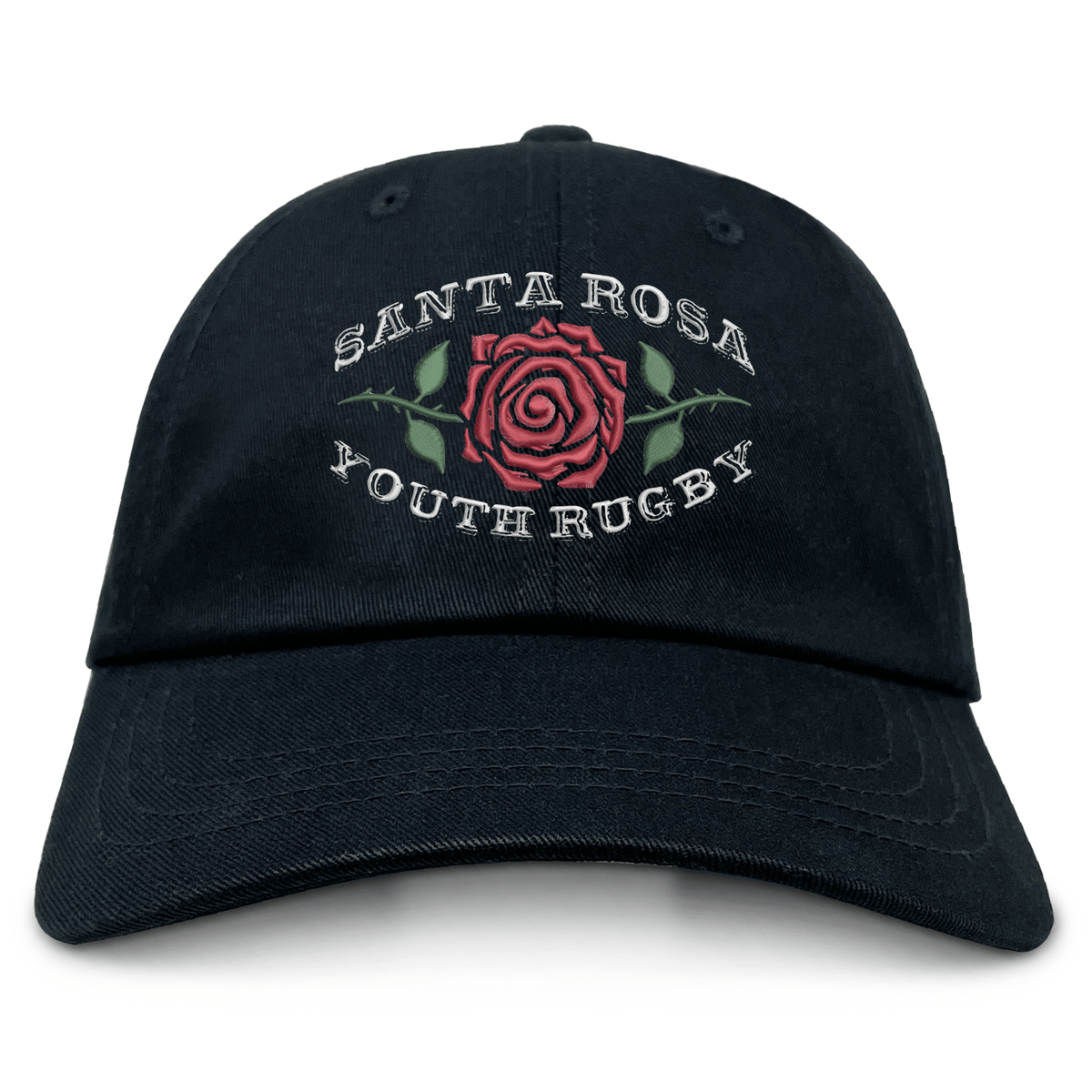 The EMB S&S Activewear Santa Rosa Youth Rugby Adult Low-Profile Cotton Twill Dad Cap features black cotton twill construction, a red rose, and “Santa Rosa Youth Rugby” embroidered team branding on the front.
