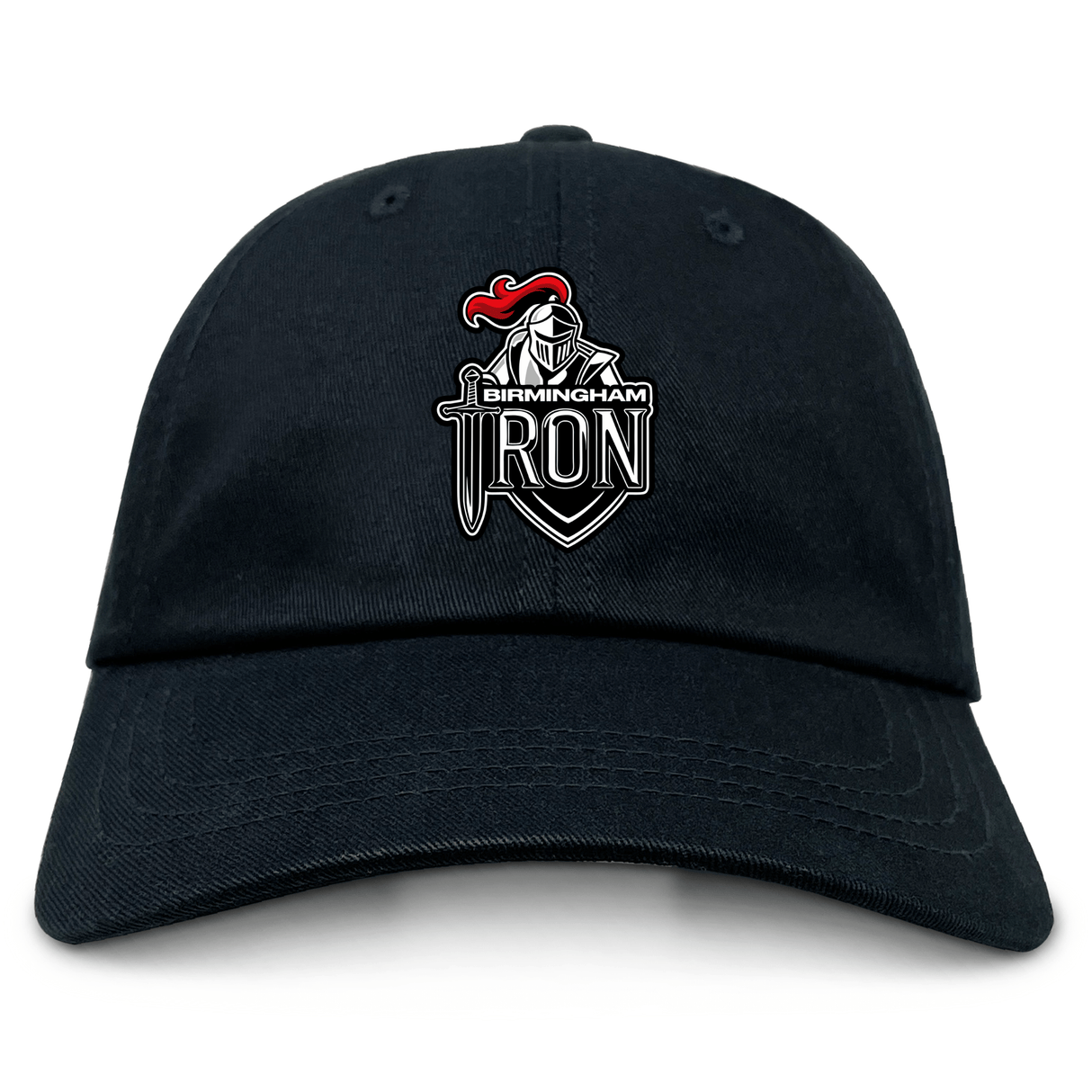 The EMB S&S Activewear Birmingham Iron Women's Football Adult Low-Profile Cotton Twill Dad Cap features embroidered team branding with a knight’s helmet, sword, and red plume on the front.