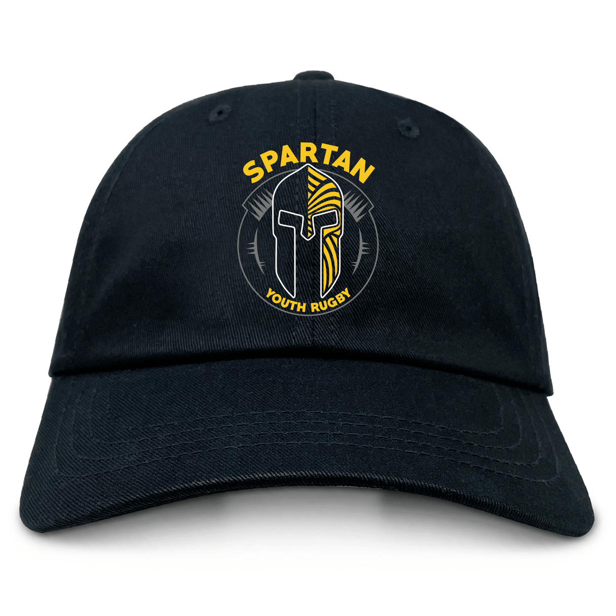 The Spartan Youth Rugby Adult Low-Profile Cotton Twill Dad Cap by EMB S&S Activewear features a gold and white embroidered Spartan helmet logo with "SPARTAN YOUTH RUGBY" above and below on black cotton twill.