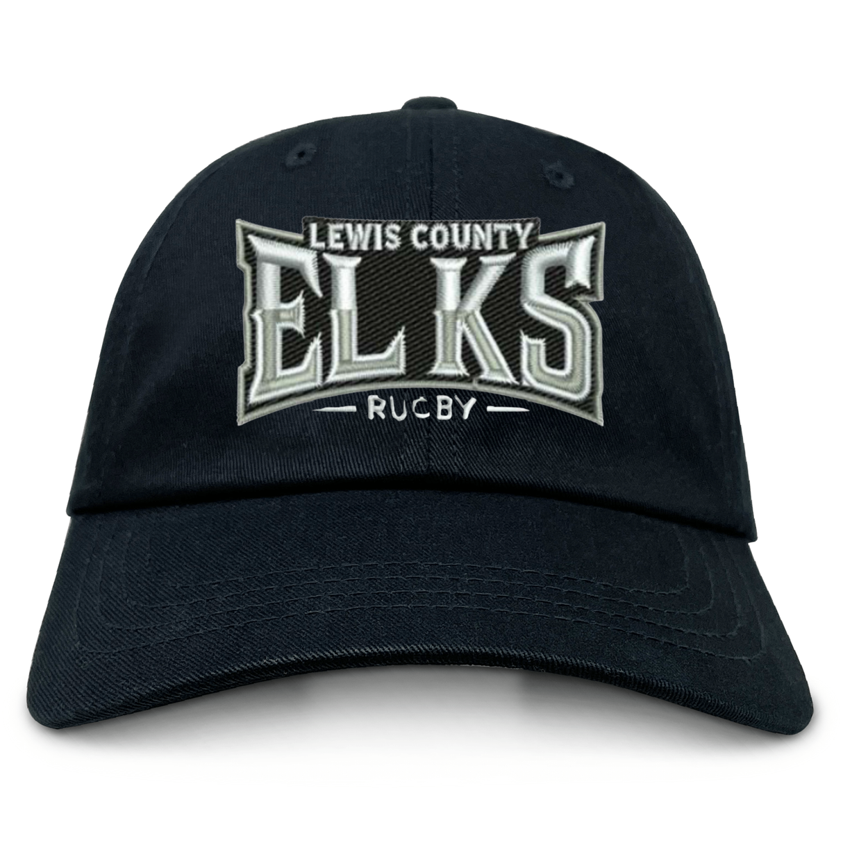 Show your team spirit with the Lewis County Elks Adult Low-Profile Cotton Twill Dad Cap by EMB S&S Activewear—a classic black cap crafted from durable cotton twill, featuring bold white and silver embroidery of “LEWIS COUNTY ELKS RUGBY” on the front for standout team branding.