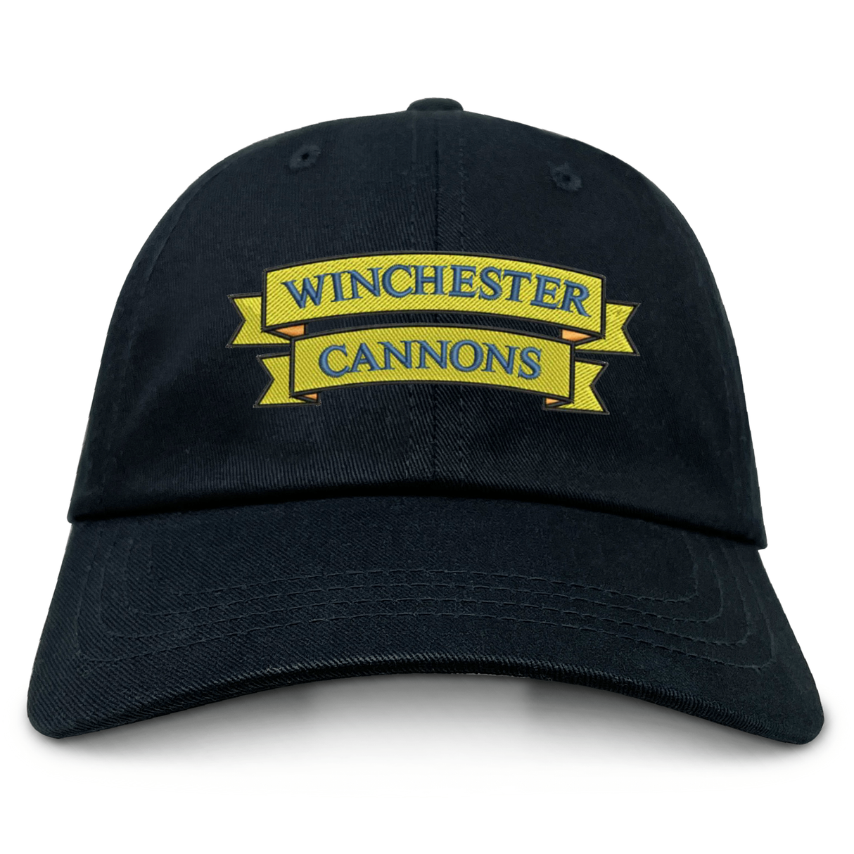 The Winchester Cannons Adult Low-Profile Cotton Twill Dad Cap by EMB S&S Activewear features black cotton twill and a yellow and blue embroidered "WINCHESTER CANNONS" patch on the front.