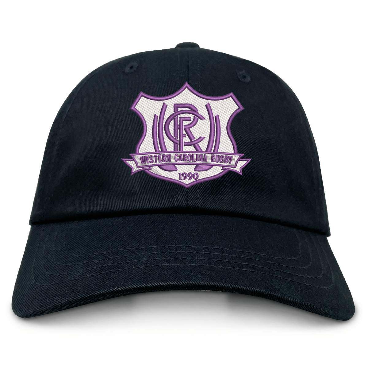 Western Carolina University Adult Low-Profile Cotton Twill Dad Cap in navy blue featuring an embroidered Western Carolina Rugby crest on the front.