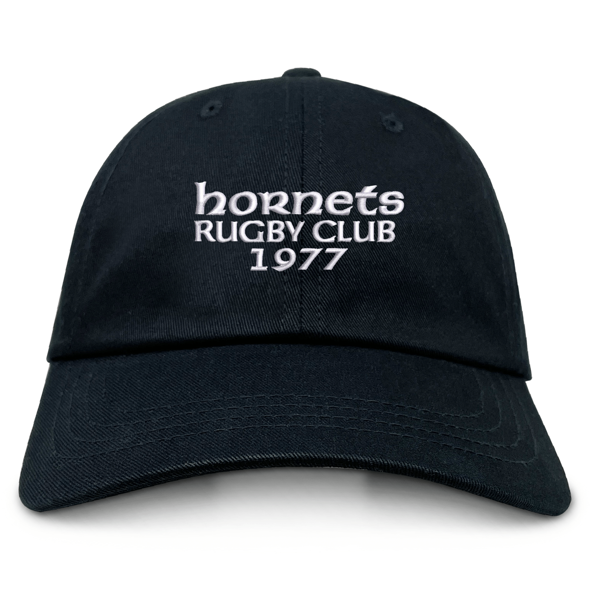 The Hornets Rugby Club 1977 Adult Low-Profile Cotton Twill Dad Cap by EMB S&S Activewear features black cotton twill and white embroidered "hornets RUGBY CLUB 1977" team branding on the front.