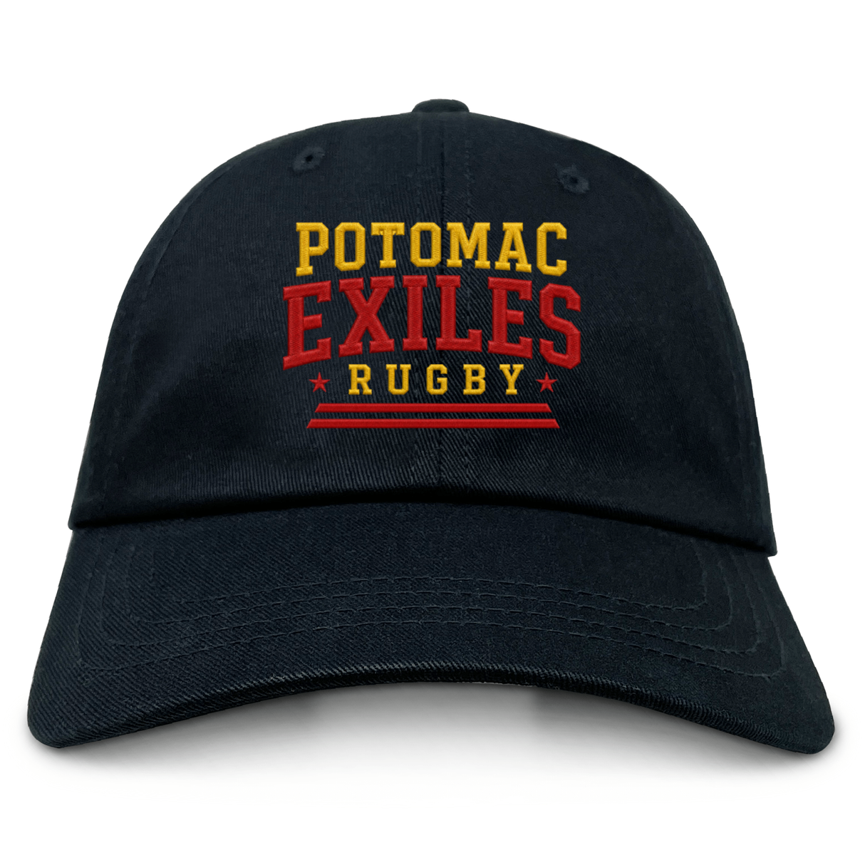 The Potomac Exiles Rugby Club Adult Low-Profile Cotton Twill Dad Cap by EMB S&S Activewear is crafted from durable cotton twill and features "POTOMAC EXILES RUGBY" boldly embroidered on the front in yellow and red lettering for standout team style.