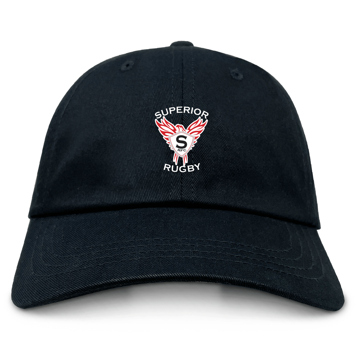 The EMB S&S Activewear Superior Rugby Club Adult Low-Profile Cotton Twill Dad Cap features embroidered team branding with a winged "S" logo on the front.