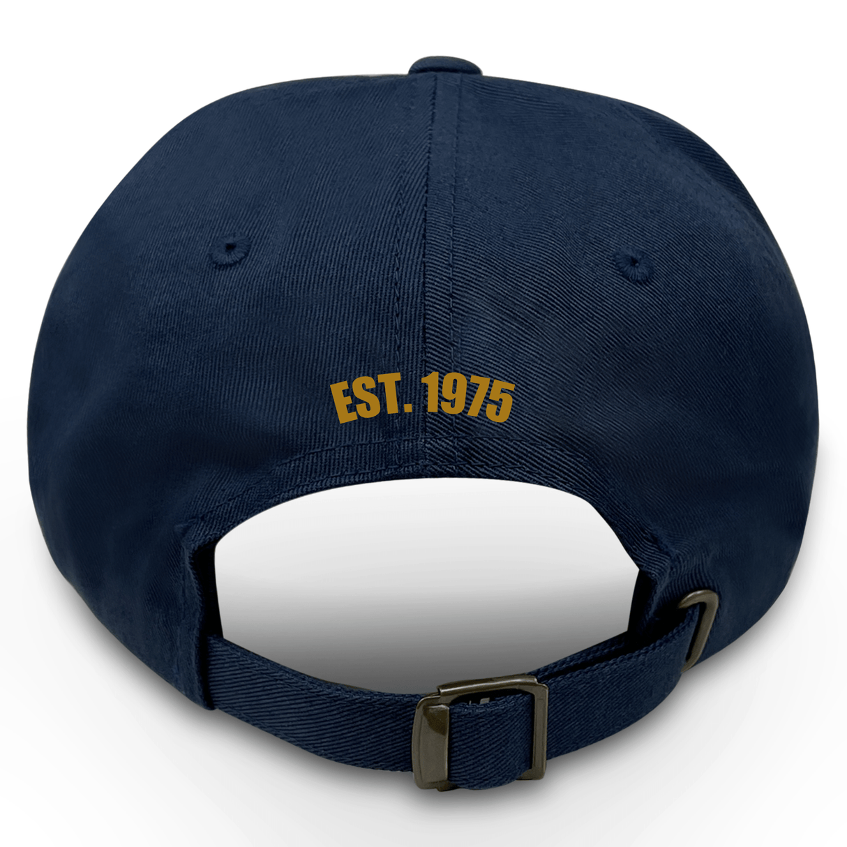 The USA Rugby 50th Anniversary Cotton Twill Dad Cap by EMB S&S Activewear features navy blue cotton twill, yellow "EST. 1975" on the back, and an adjustable strap with a metal buckle—perfect for fans celebrating this milestone.