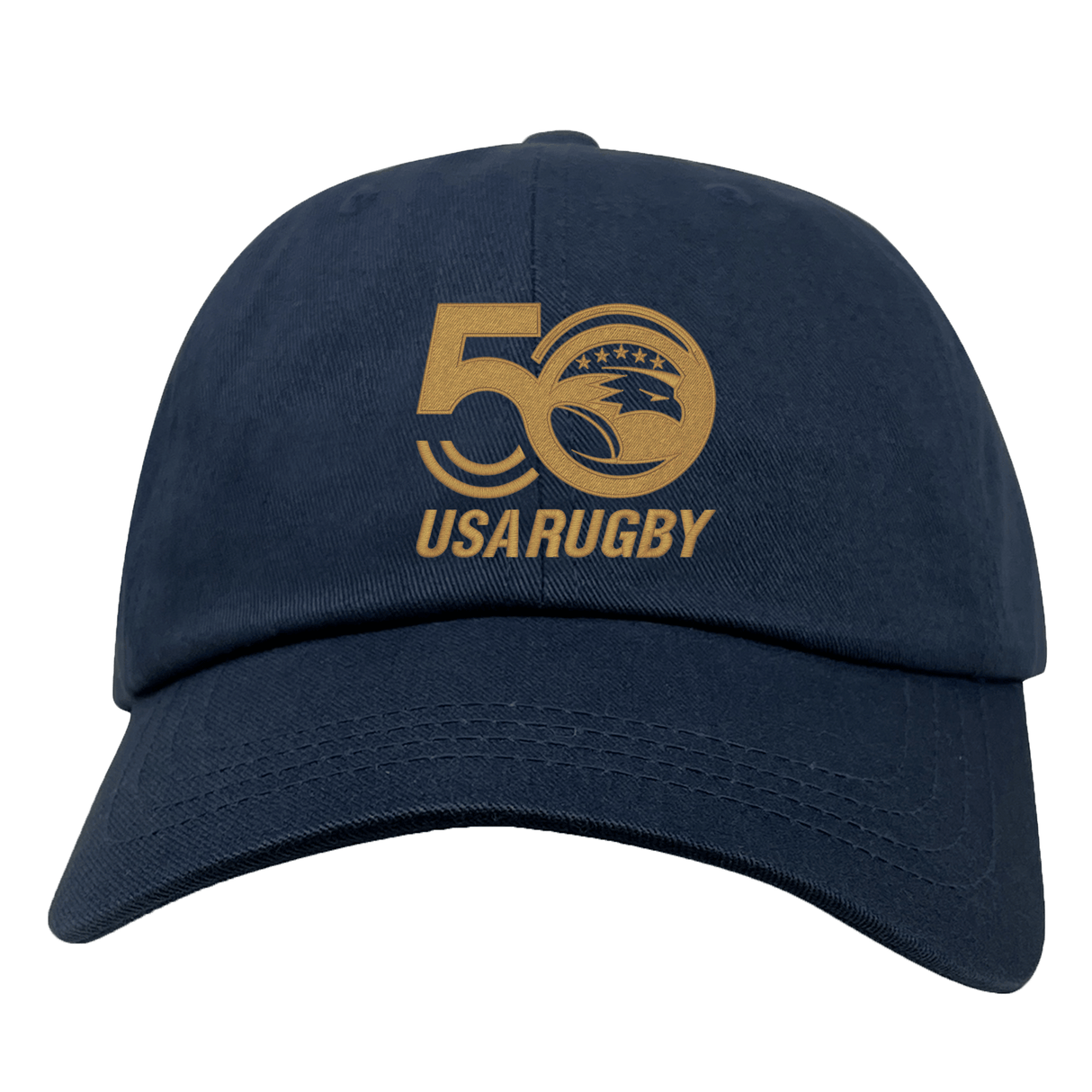The EMB S&S Activewear USA Rugby 50th Anniversary Cotton Twill Dad Cap features a navy blue design with an embroidered gold logo on the front panel.