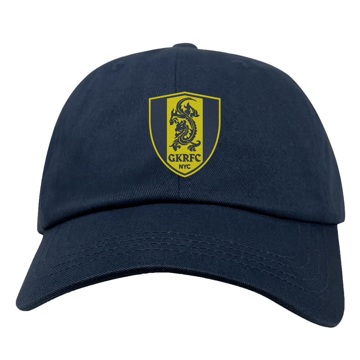 The Gotham Knights Adult Low-Profile Cotton Twill Dad Cap by EMB S&S Activewear is a classic navy blue hat with durable cotton twill, featuring embroidered yellow and black shield logo, dragon, and "GKRFC NYC" text on the front.