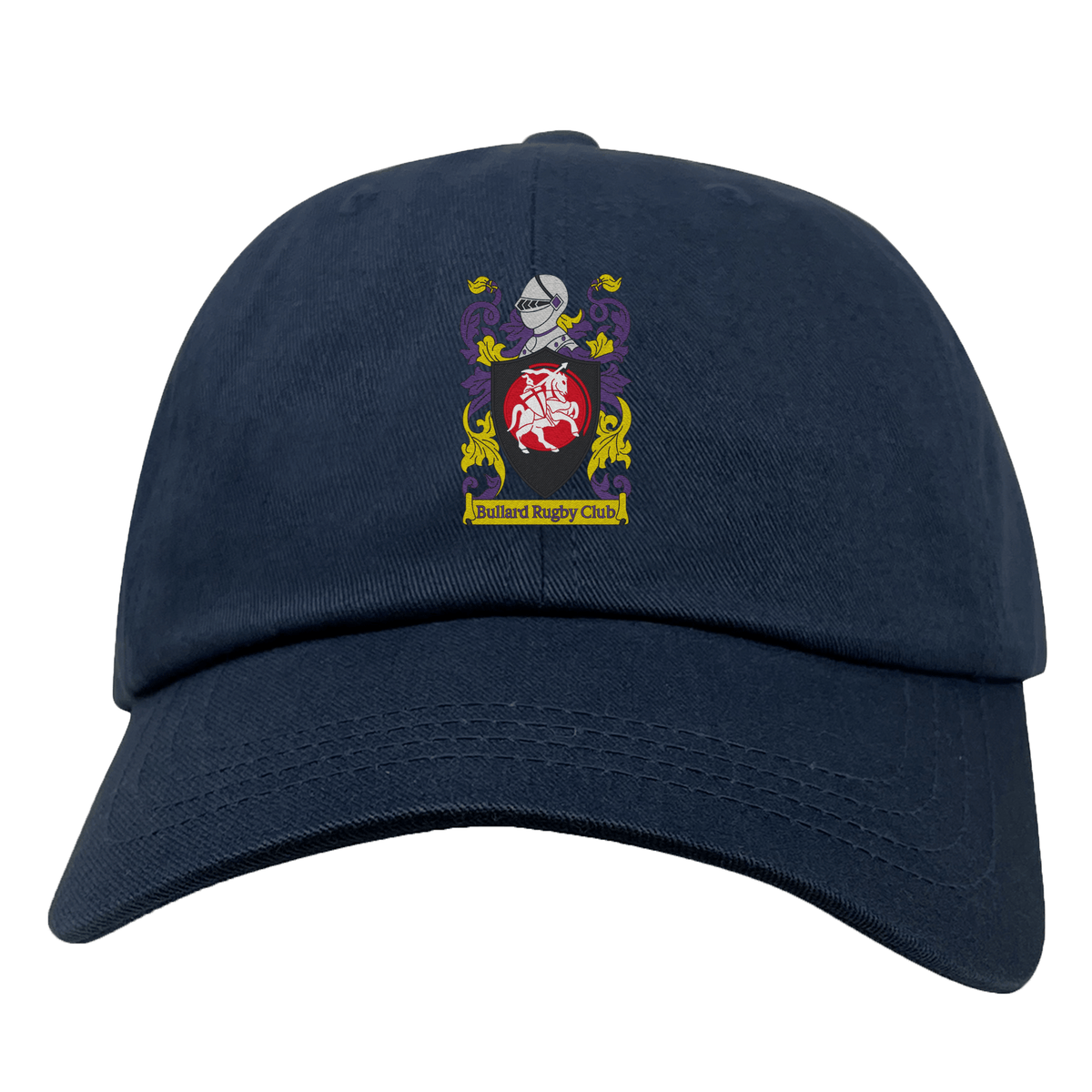 The Bullard Rugby Adult Low-Profile Cotton Twill Dad Cap by EMB S&S Activewear features the club crest embroidered on navy blue cotton twill, adding vintage charm to your sporty style.