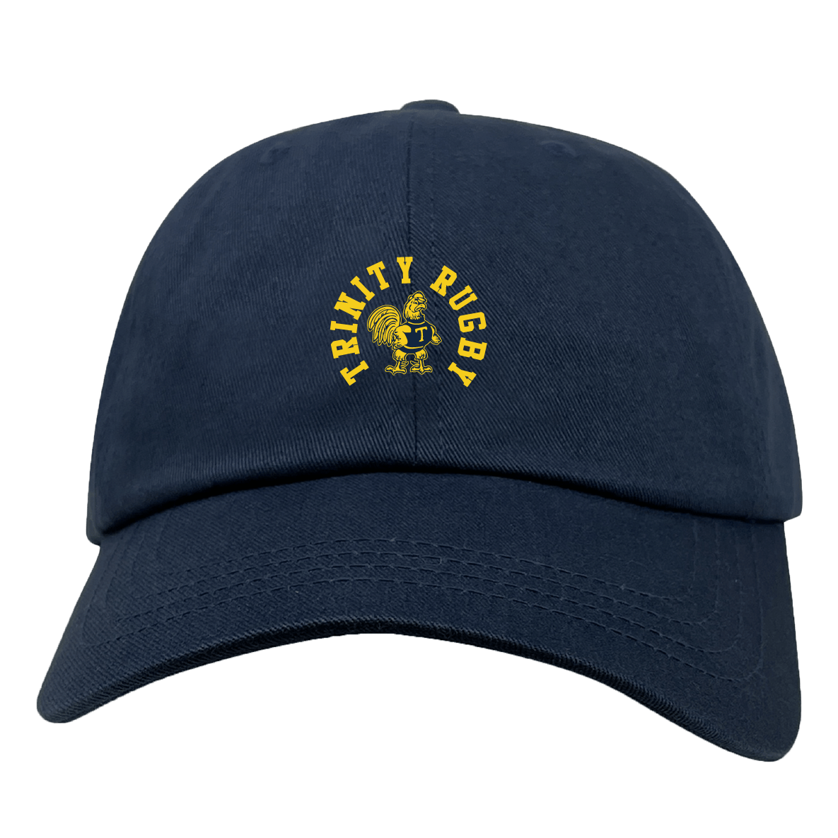 The EMB S&S Activewear Trinity College Adult Low-Profile Cotton Twill Dad Cap is navy blue with a yellow emblem and "Trinity Rugby" embroidered on the front.