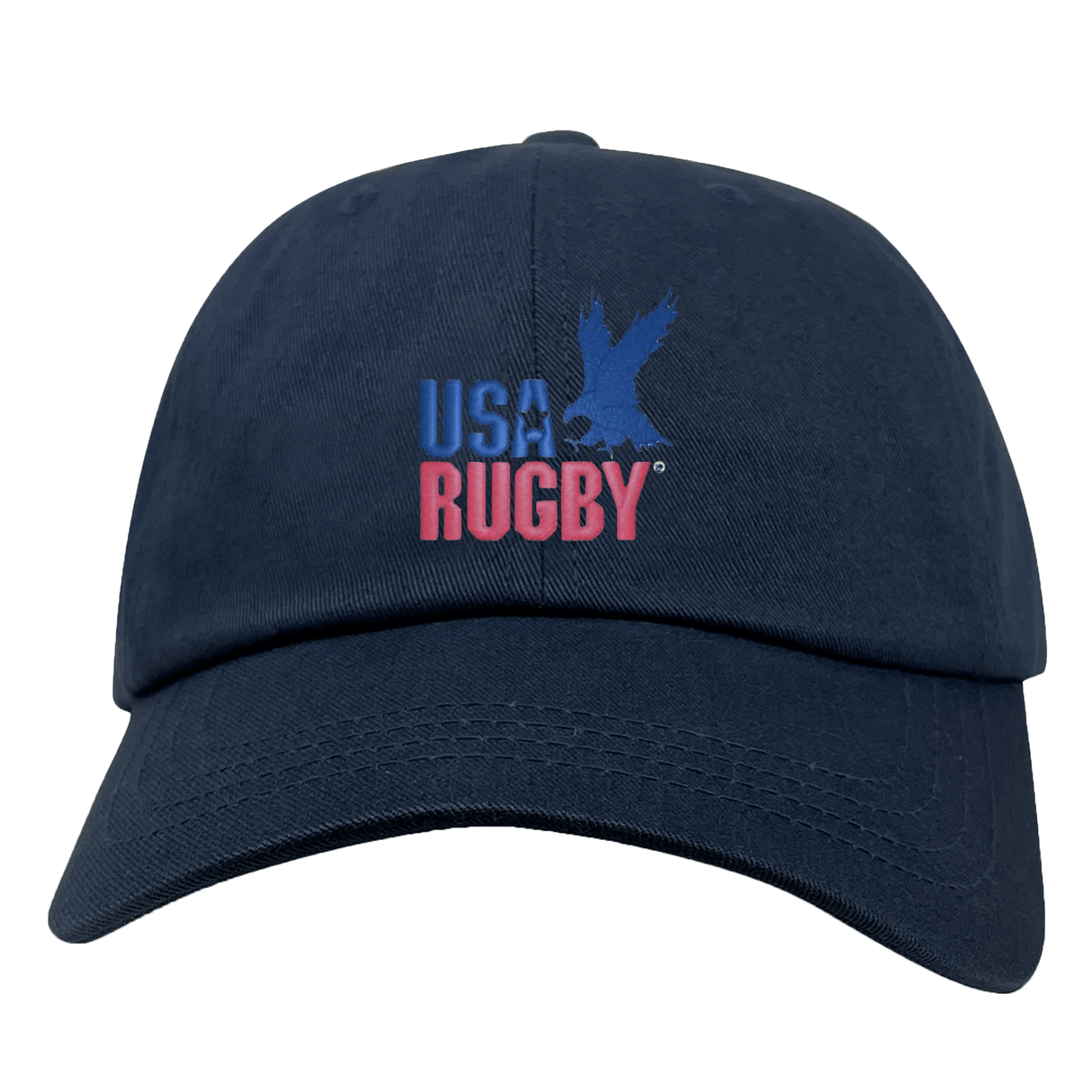 The USA Rugby Throwback Dad Cap by EMB S&S Activewear features "USA Rugby" and an eagle logo embroidered in blue and red—an ideal classic piece for rugby fans.