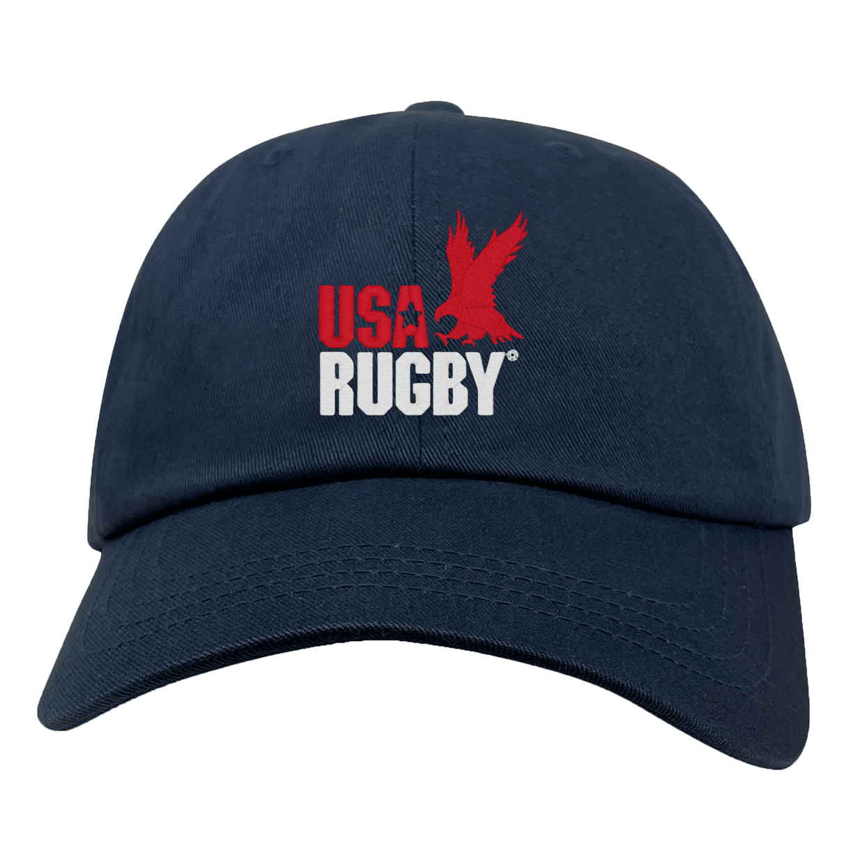 The USA Rugby Alternate Throwback Dad Cap by EMB S&S Activewear is a navy accessory featuring "USA RUGBY" and a bold red eagle logo embroidered on the front.