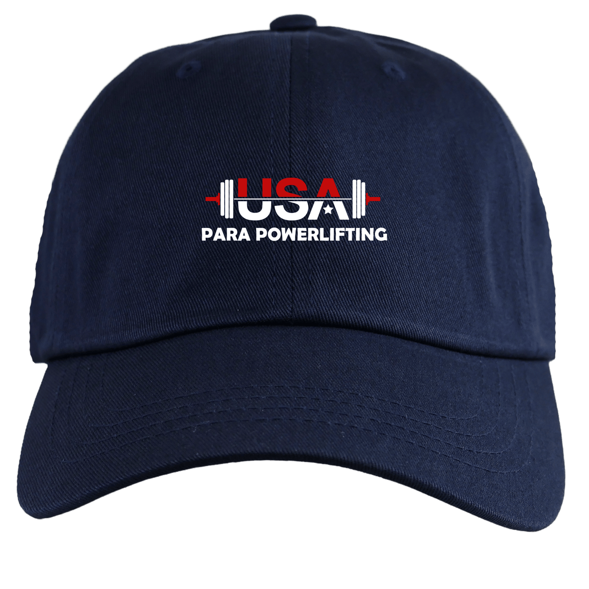 The USA Para Powerlifting Adult Low-Profile Cotton Twill Dad Cap by EMB S&S Activewear features “USA Para Powerlifting” and a barbell graphic in red and white on the navy blue front.