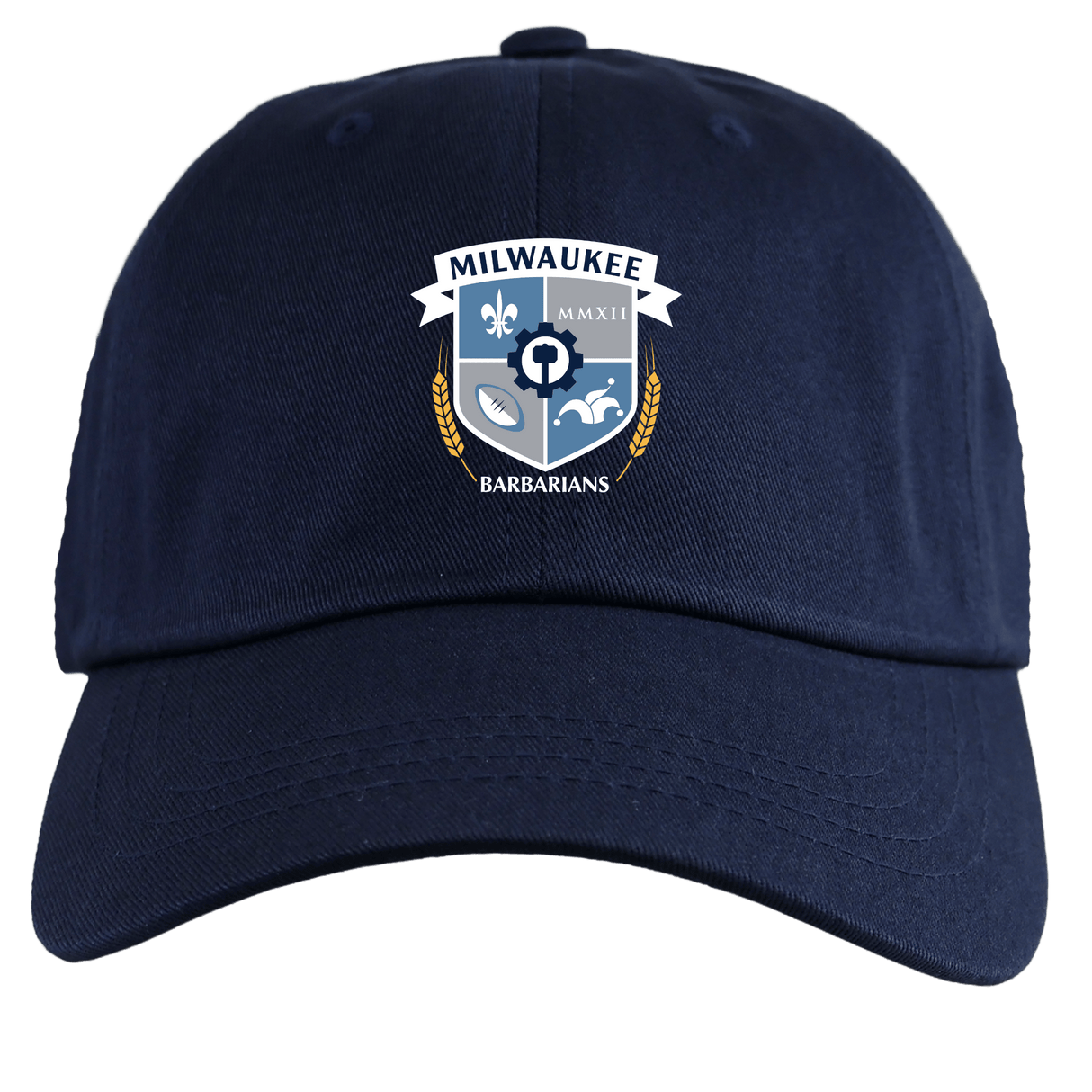 The EMB S&S Activewear Milwaukee Barbarians Rugby Adult Low-Profile Cotton Twill Dad Cap features embroidered team branding with the shield logo, rugby ball, wheat stalks, and MMXII in navy blue.