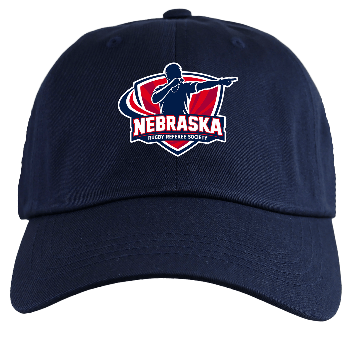 The EMB S&S Activewear Nebraska Rugby Referee Society Adult Low-Profile Cotton Twill Dad Cap features navy blue twill, the Society logo with a referee, and bold embroidered team branding.