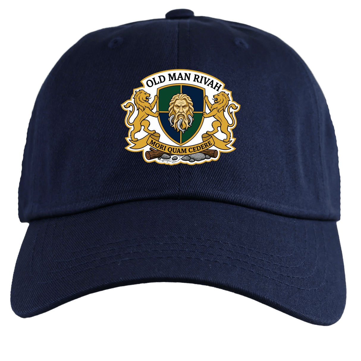 The Old Man Rivah Rugby Adult Low-Profile Cotton Twill Dad Cap by EMB S&S Activewear features a navy blue crest with a lion motif, “Old Man Rivah” and “Mori Quam Cedere” text, plus classic embroidered team branding.