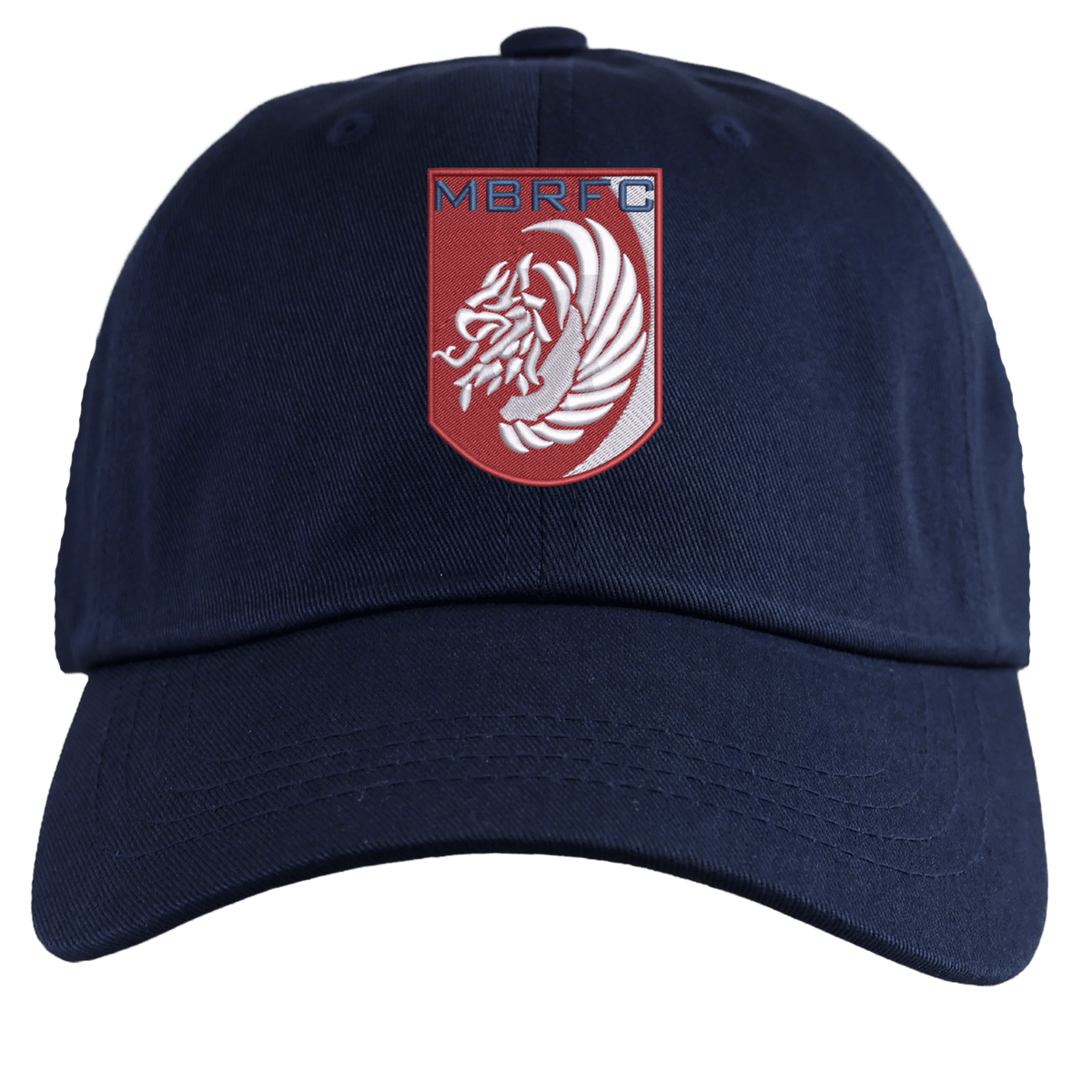 The Montgomery Bucks Griffins Adult Low-Profile Cotton Twill Dad Cap by EMB S&S Activewear features navy cotton twill and a front red and white patch with a stylized lion and “MBRFC” for classic team style.