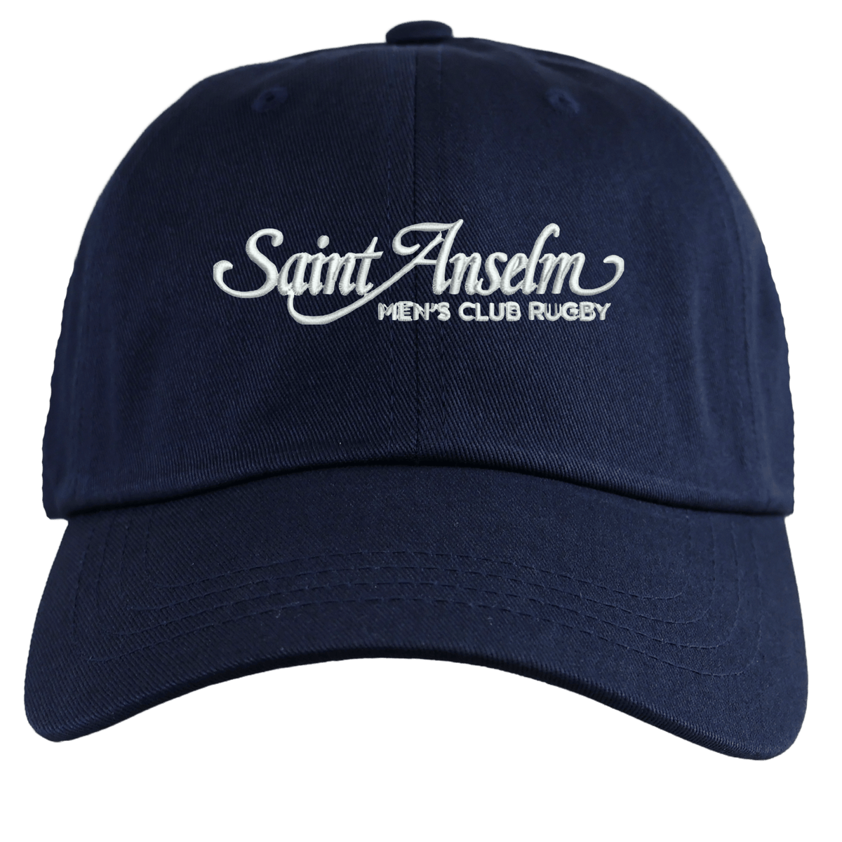 The EMB S&S Activewear Saint Anselm College Club Rugby Adult Low-Profile Cotton Twill Dad Cap is a navy blue hat with "Saint Anselm Men's Club Rugby" embroidered in white on the front.