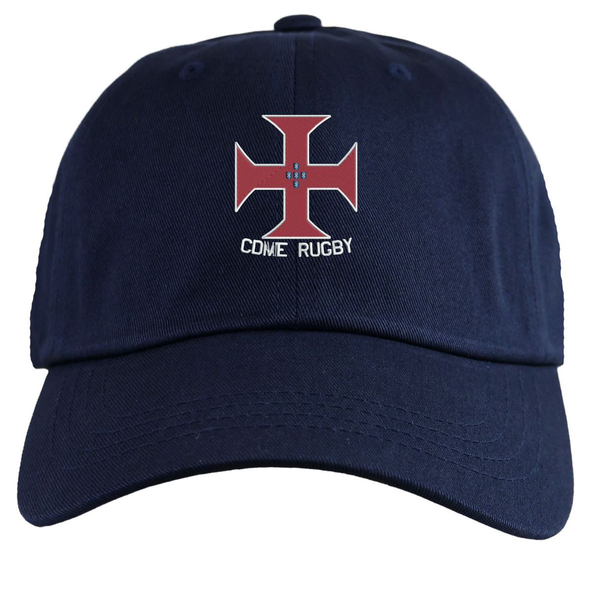 The SF CDME Rugby Adult Low-Profile Cotton Twill Dad Cap by EMB S&S Activewear features a navy blue cotton twill construction and classic dad cap styling, with an embroidered red cross emblem and "CDUL RUGBY" text centered on the front.