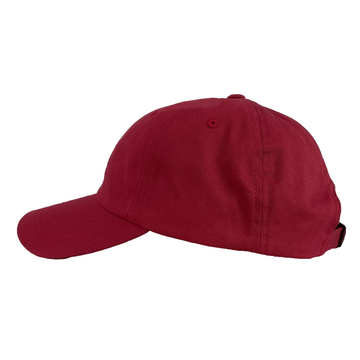 The S&S Activewear Adult Low-Profile Cotton Twill Dad Cap is shown in classic red from a side angle against a white background.