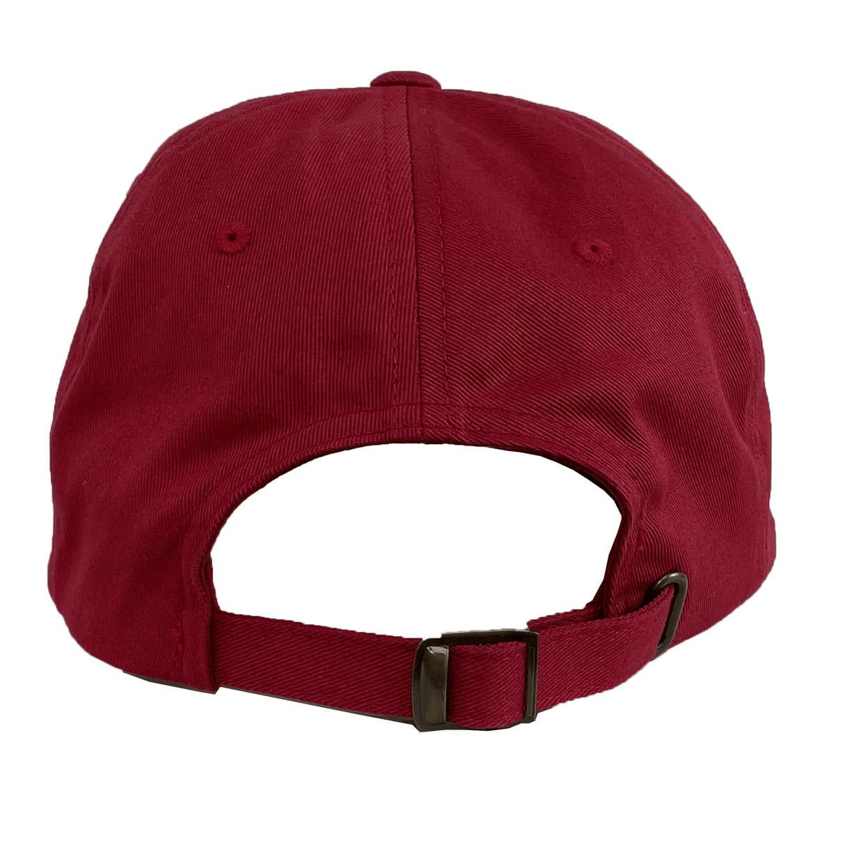 The Adult Low-Profile Cotton Twill Dad Cap by S&S Activewear is shown from the back in red, featuring cotton twill fabric and an adjustable strap with a metal buckle.