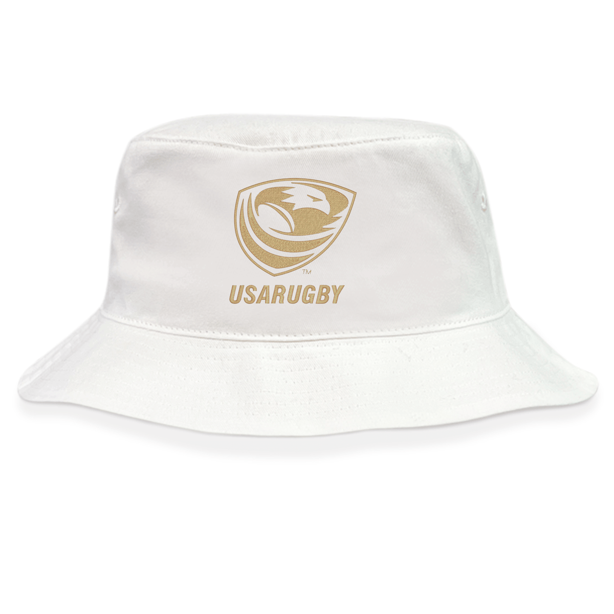 The EMB S&S Activewear USA Rugby Bronze Crusher Bucket Cap features a gold USA Rugby logo and text on the front, celebrating bronze medal finishes with a stylish look.