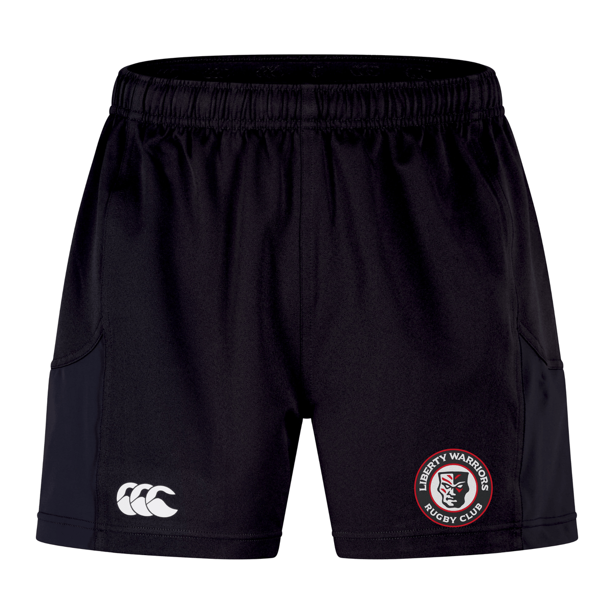 Elevate your game with the Liberty Lake Warriors Advantage Short 2.0 by Canterbury—sleek black rugby shorts showcasing the "Liberty Warriors Rugby Club" logo on the right leg and an EMB Canterbury logo on the left, crafted to combine sustainability and style.