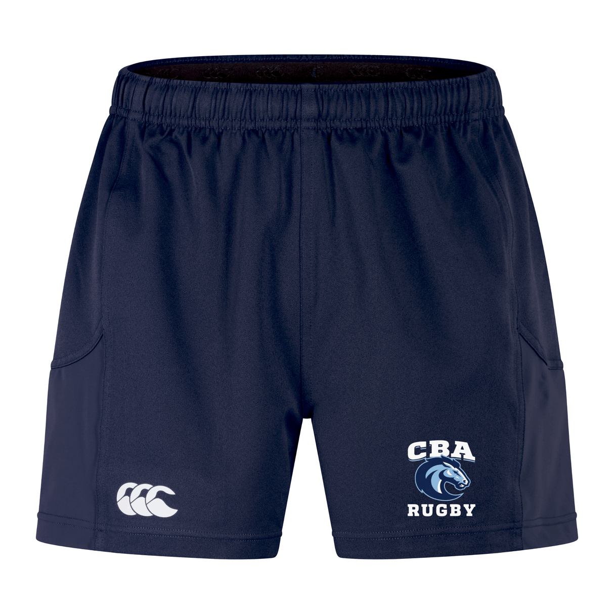 The Christian Brothers Academy Rugby Women's Advantage Short 2.0 by EMB Canterbury are navy blue, featuring "CBA RUGBY" and a logo on the right leg. Made with recycled content, these shorts offer enhanced performance and sustainability, complete with an elastic waistband and two side pockets.