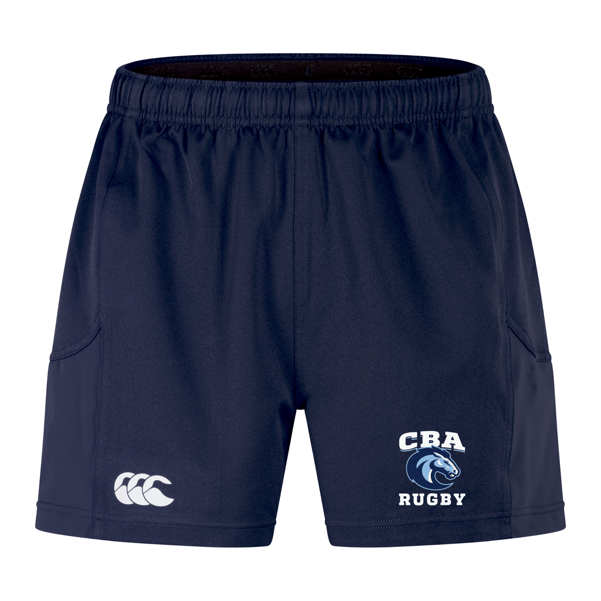 Navy Christian Brothers Academy Rugby Advantage Short 2.0 by EMB Canterbury with "CBA Rugby" and logo on the right leg, white Canterbury logo on the left, made from recycled material for top performance.